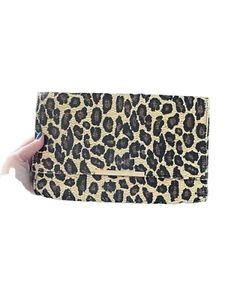 H&M Clutch Handtasche Leopardenmuster bedruckt Jute Tier Datum Nachttasche Freizeit - Bild 1 von 8
