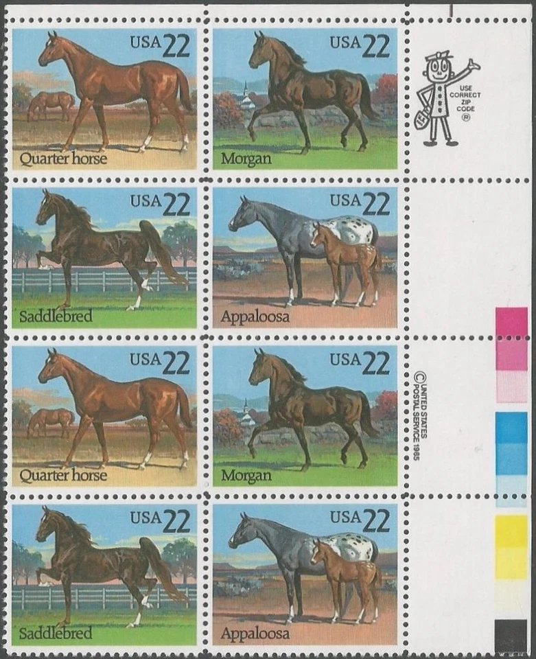Zip Block of 8 stamps - Scott 2155-58 - 22 cent - Horses - 1985 - MNH - Image 1 of 1