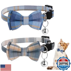 2PCS Blue and White Plaid Cat Collar with Bells, Cat Collar Breakaway Bowtie - Picture 1 of 5
