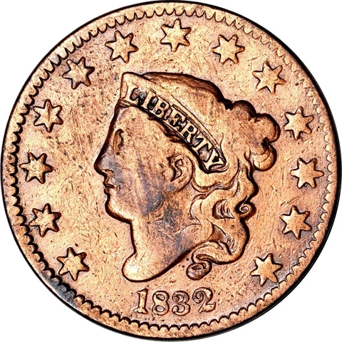 1832 1C Medium Letters Coronet Head Large Cent VG(Cleaned) K15814 Cover