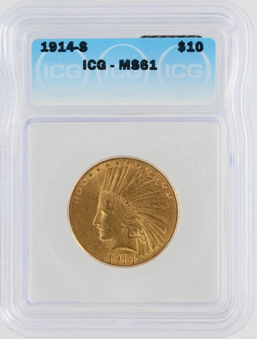 1914-S Gold Eagle ICG MS61 $10 Indian Head San Francisco Minted Gold Coin Cover