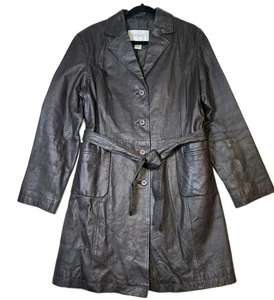 Vintage Chadwicks 100% Leather Trench Coat Black Tie Waist Belted Large Classic - Picture 1 of 11