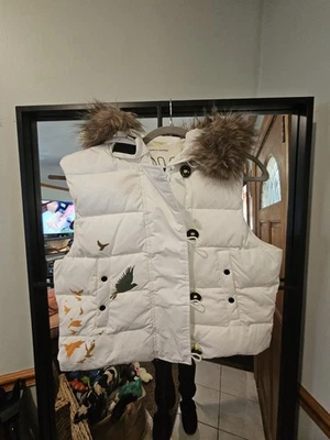 Chaleco Gap Puffer Para Mujer Marfil Relleno Imitación Piel Capucha Gráfico Talla L Foto 1 de 4