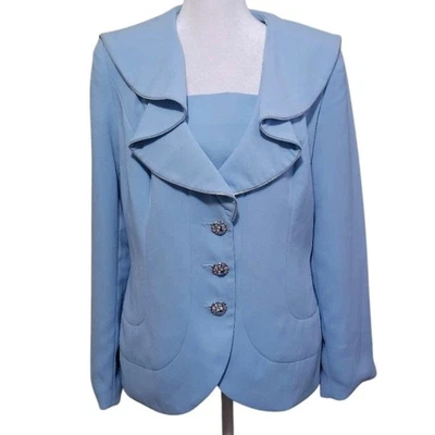 Blazer feminino vintage Lily & Taylor tamanho 12 botões de strass azul claro com babados - Imagem 1 de 4