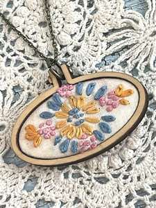 Miniature Vintage Floral Wood Embroidery Hoop Handmade BOHO Necklace 24" Chain - Picture 1 of 9