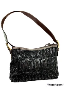 Nine West Shoulder Bag  Black Vinyl Strip Fabric Wave Motif Brown Trim 8x11x4” - Picture 1 of 6