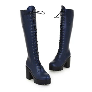 Women Knee High Combat Lace Up Boots Block Platform Mid Chunky Heel Knight Shoes - Picture 1 of 27