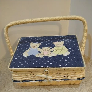 Vintage Nähset Korb 3 Bären Fächer Tablett Holz gewebt ohne Zubehör - Bild 1 von 15