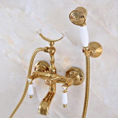 Gold Color Brass Wall Mount Bathroom Clawfoot Tub Filler Faucet Handshower - Image 1 of 4