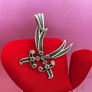 Sword Pendant,Hz Ali Zulfiqar, Silver Warrior Pendant, 925k Silver Red Stones - Picture 1 of 5