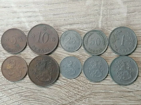 Finland set of 5 coins 1 markka 50+20+10+5 penny 1919-1941 Price for one set Cover