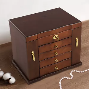 Wooden 5 - Layer Large 4 Drawers Jewelry Box Fit Wowen With Mirror Organizer Box - Picture 1 of 12