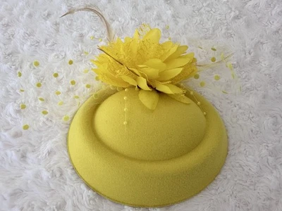 Yellow Polkadots Fascinator Pillbox Flower Feather Hat  Wedding Tea Party - Image 1 of 4