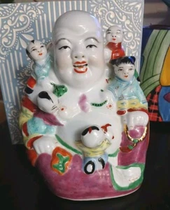 Vintage Laughing Buddha Chinese Famille Rose Porcelain Buddha With 5 Children - Picture 1 of 9