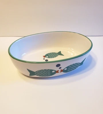 Овальная керамическая миска для кошек PetRageous дизайн с рыбами белое зеленое/синее блюдо для домашних животных - Изображение 1 из 4