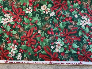 Vintage Joan Kessler Christmas cotton fabric Pinecones Bows by the yd - Picture 1 of 3