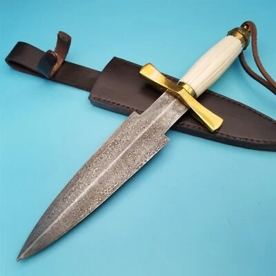Cuchillo Daga Hoja Fija Hoja Damasco Mango Blanco 13" x 8" Hoja Latón Protector  Foto 1 de 4