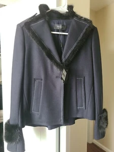 $2,795NWT Women's Derek Lam Navy Blue Wool Jacket With 100% Mink Fur Trim Size 4 - Picture 1 of 5