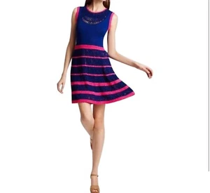 NEW NANETTE LEPORE $398 Blue Pink CLASS FLIRT CROCHET SWEATER DRESS XS RUNWAY - Picture 1 of 8