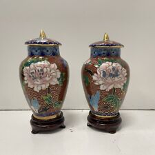 Vintage 3.5" Chinese Cloisonne Miniature Vase Urn Pair Floral Blossom