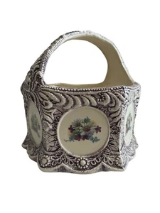 Cesta grande vintage de cerámica para plantas con asa blanca púrpura pintada a mano floral - Imagen 1 de 7