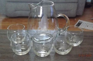 MCM 7 pc COCKTAIL PITCHER and GLASSES Ashtray - ETCHED POODLE Dog Pattern Signed - Picture 1 of 9