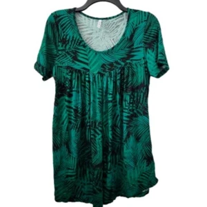 Women's Large Tunic Top Long short sleeves Green Black Palm fronds silky EUC - Picture 1 of 7