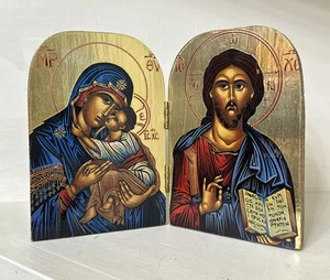 Gold Foil Triptych Carved Wood Jesus And Mary Orthodox - Picture 1 of 4