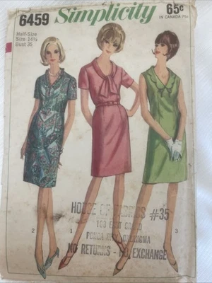 Simplicity 1966  Sewing Pattern 6459 Women's Dress Size 14.5 Vintage 60's - Image 1 of 2