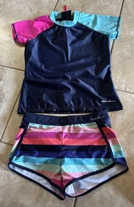 Eddie Bauer Rash Guard Girls M (10-12) Swim Shorts Back 1/4 Zip-Up Logo - Picture 1 of 7
