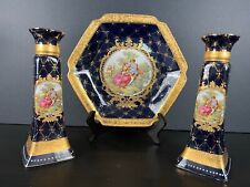 Amazing Limoges France Hand Painted Blue/Gold Plates 18th Century Lovers Scene. 