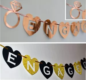 ENGAGED heart banner BUNTING party decorations black rose gold engagement RINGS - Picture 1 of 4