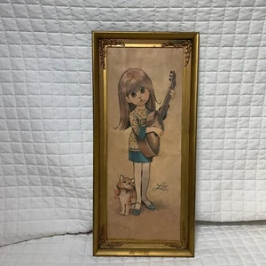 Vintage LEE GO-GO 7" x 16" Lithograph Big Eye Girl Playing Guitar Kitten MCM USA - Picture 1 of 11