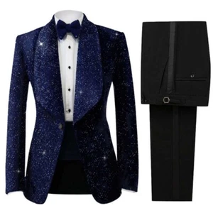 Men's Shinny Slim Suits for Wedding Formal Banquet Shawl Lapel Coat Black Pants - Picture 1 of 17