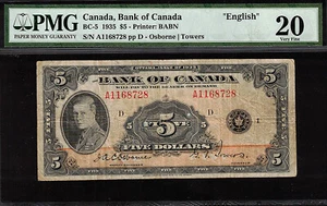 1935 ENGLISH $5.00 BC-5 PMG VF 20 Very SCARCE Canada Prince of Wales Five Dollar - Picture 1 of 2