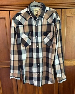 Mens Western Shirt Pearl Snap Long Sleeve Blue Brown Plaid Rodeo Coastal sz XXL - Picture 1 of 6
