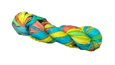 Recycled Sari Silk Ribbon Yarn -Yellow, Blue, Grey, -50 GMS - Boho Ribbon - Image 1 of 4