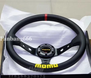 Universal 14' Perforate Leather Deep Cone Yellow embroider Sport Steering Wheel - Picture 1 of 6