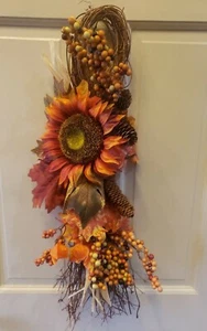 FLORAL & GRAPEVINE TEARDROP SWAG  SUNFLOWER BERRIES PUMPKIN PINECONES 25" L - Picture 1 of 12