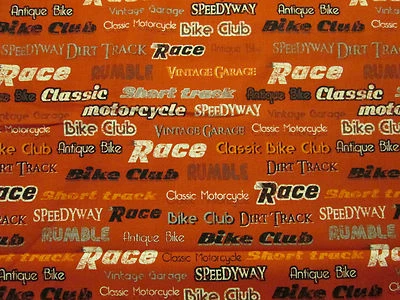 TELA DE ALGODÓN NARANJA/ROJO VINTAGE MOTERO CLUB WORDS FQ  Foto 1 de 4