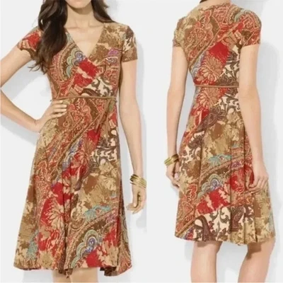 Lauren Ralph Lauren Patchwork Print Paisley Boho Faux Wrap Dress With Belt PL - Image 1 of 4