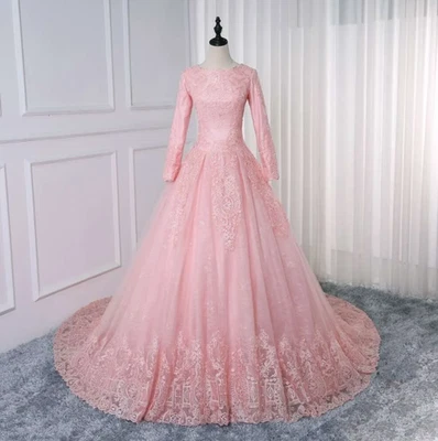 Pink Lace Muslim Dress Ball Gown Long Sleeve Princess Wedding Dresses For Women - Image 1 of 4