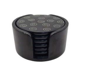 Handmade Black Soapstone Marble Coaster Set with Holder – Spiral Carved Design - Picture 1 of 5
