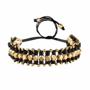 81stgeneration Gold Bracelet Black Brass Faceted Bead Wide Woven Pull Cord - Imagen 1 de 3