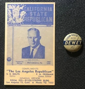 1948 CONVENTION (PHIL) EARL WARREN (CA) DELEGATE COURTESY CARD w/ DEWEY PINBACK - Picture 1 of 2