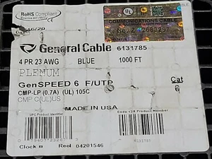 General Cable GenSPEED 6 23/4P Cat6 F/UTP Shield Network Cable Plenum Blue/100ft - Picture 1 of 11