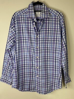 Camisa de vestir mediana a cuadros azul púrpura manga larga abotonada para hombre David Donahue Foto 1 de 4