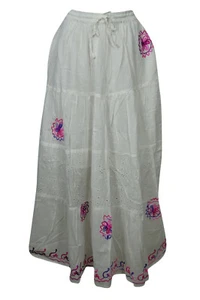 Boho Floral Long Skirt White Cotton Tiered Gypsy Hippy Chic Flared Summer Skirts