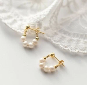 Beautiful Design AAA+ Akoya Real Natural White Pearl Earring 14k Gold P - Picture 1 of 5