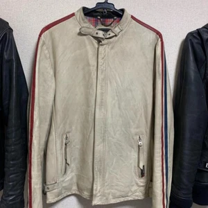 Schott Classic Racer Leather Jacket White with Blue and Red Stripes Size L used - Picture 1 of 4
